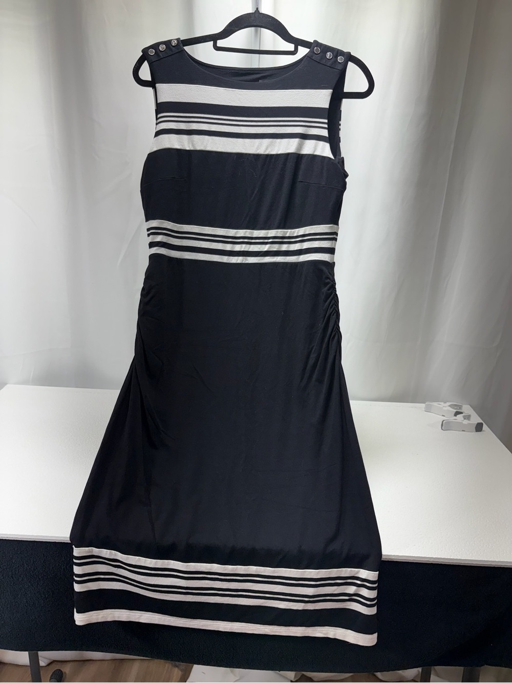 White House Black Market Black and White Striped Sleeveless Midi Dress 4368